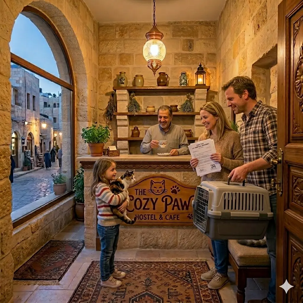 little girl holding a cat, smiling at her parents, one holding adoption documents the other a crate, receptionist smiling in the background at the cozy paw cafe and hostel in amman jordan