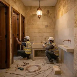 workers at the cozy paw cafe renovating bathrooms, stone walls, brown wooden doors on the left