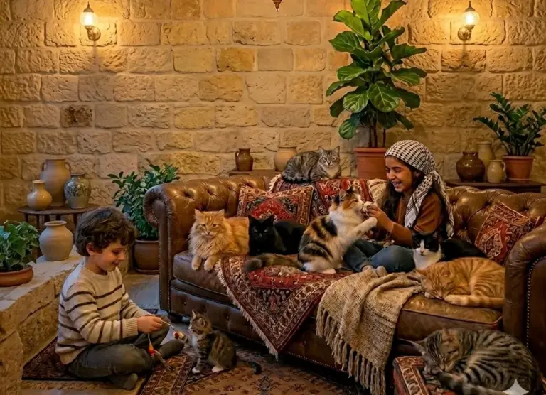 Children playing with cats at a cozy dim room with stone walls on a leather sofa