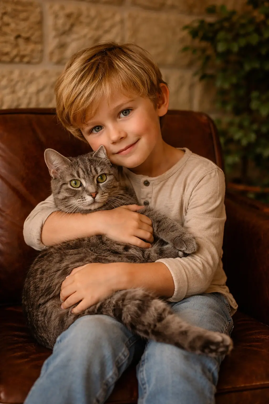 A little blonde boy sitting in a leather armchair holding a gray cat