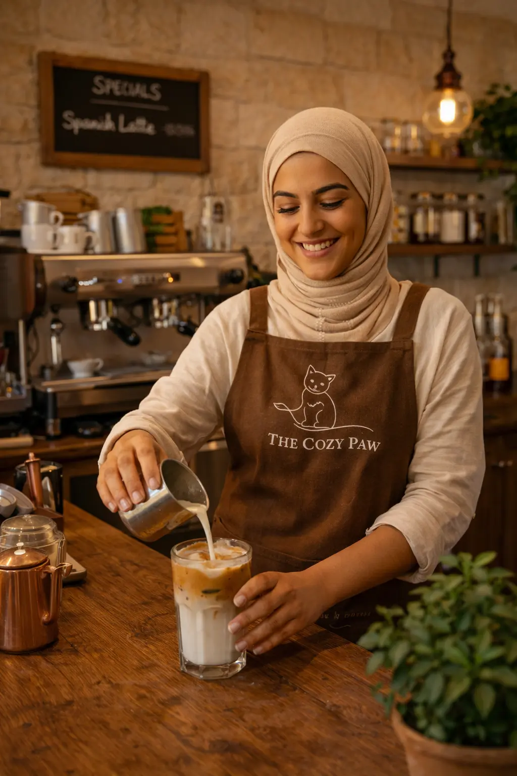 A woman wearing a brown Cozy Paw cafe apron making a spanish latte at the cafe counter